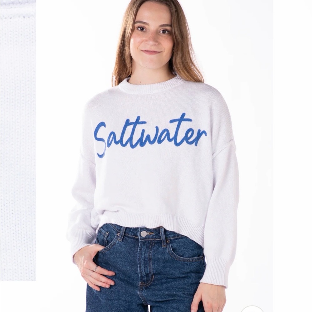 Saltwater Clothing Co. White Cropped Boxy Cotton Crewneck Sweater NWT
